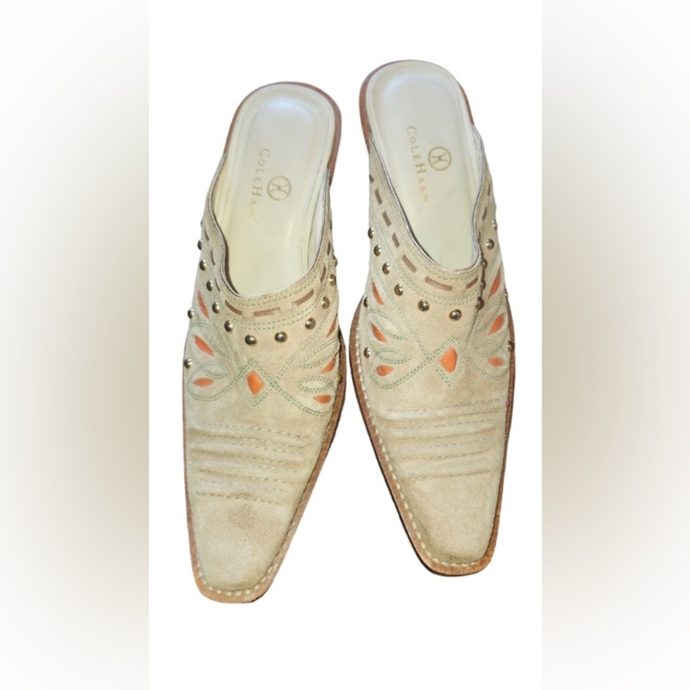 Cole Haan “Morgan” Suede Sandstone Studded Butterfly Laser Cut Western Mules &🎁 - Picture 3 of 8